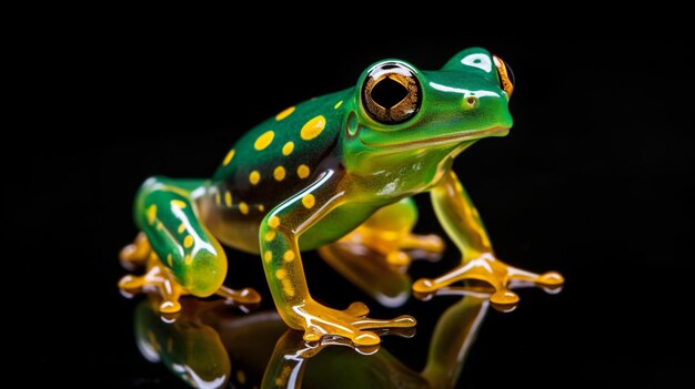 A glass frog on a dark background