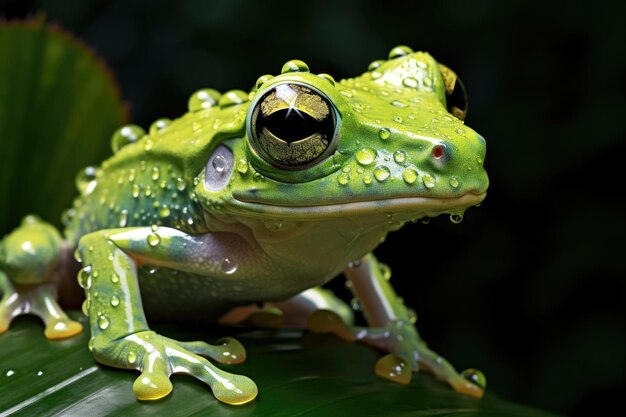 A Glass Frog perched on a lush leaf in a tropical rainforest