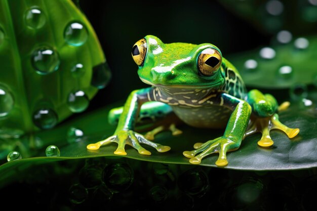 A Glass Frog perched on a lush leaf in a tropical rainforest