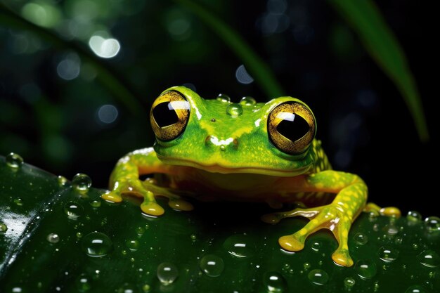 A Glass Frog perched on a lush leaf in a tropical rainforest