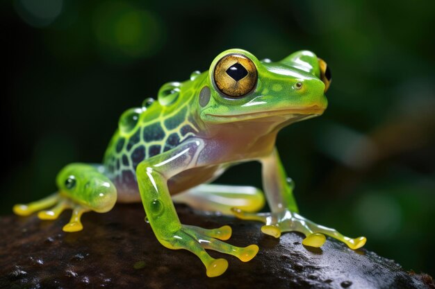 A Glass Frog perched on a lush leaf in a tropical rainforest