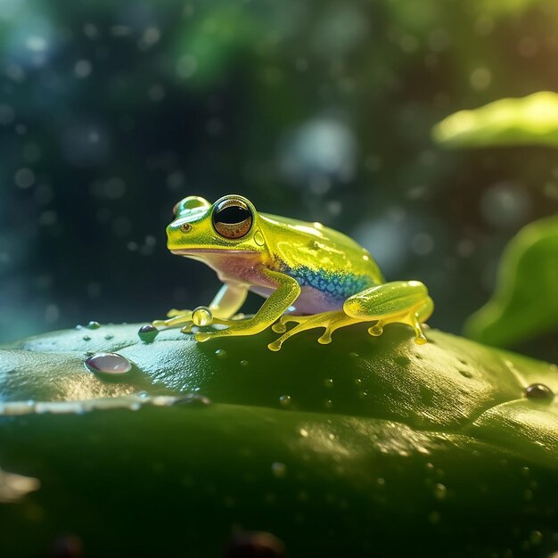 Glass Frog resting on a transparent leaf in a lush tropical Generative AI