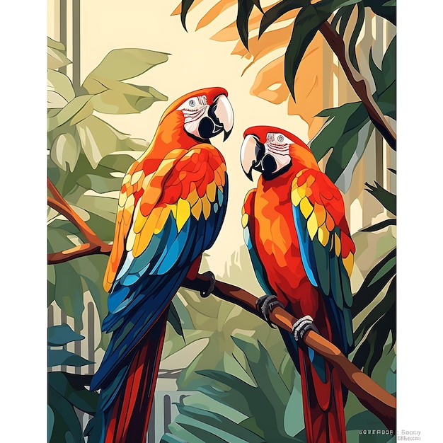 Glass front door with parrots perching on branch multi color art concept ideas on white background