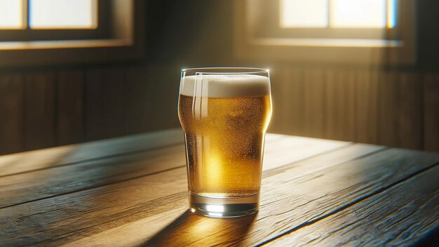 стакан пенообразного пива, помещенный на деревянный стол, отражающий суть расслабления и празднования.