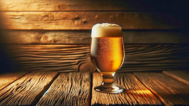 glass of frothy beer placed on wooden table capturing the essence of relaxation and celebration