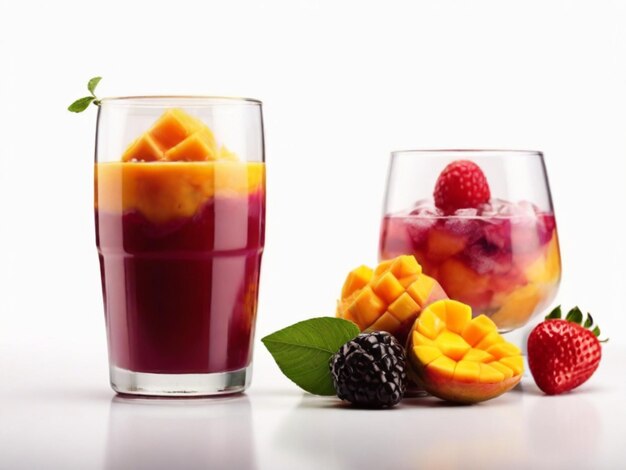 a glass of fruit next to a glass of ice tea