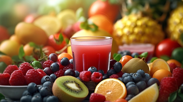 A glass of fruit next to a glass of juice