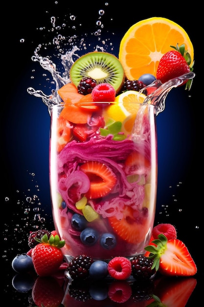 a glass of fruit juice with berries and blueberries
