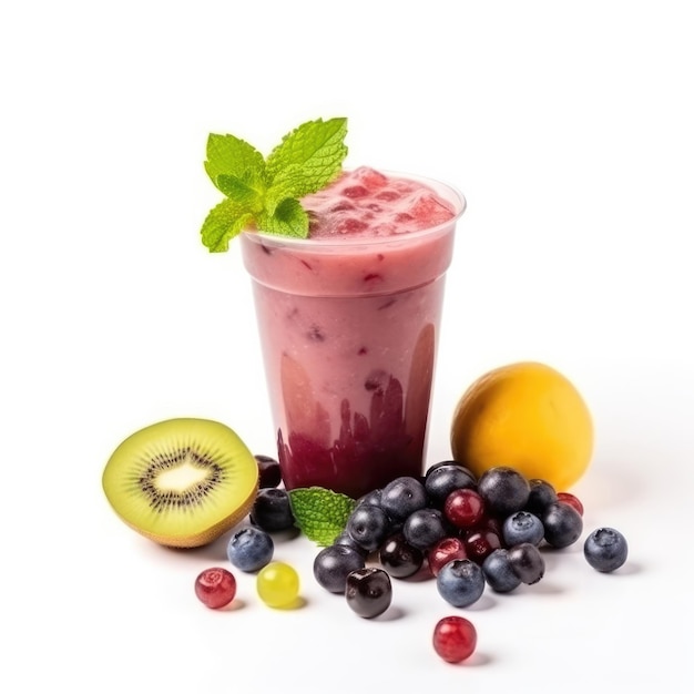 A glass of fruit juice with a straw and a green leaf next to it.