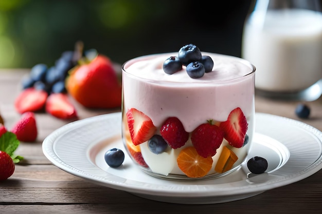 A glass of fruit salad with a cup of yogurt on a plate