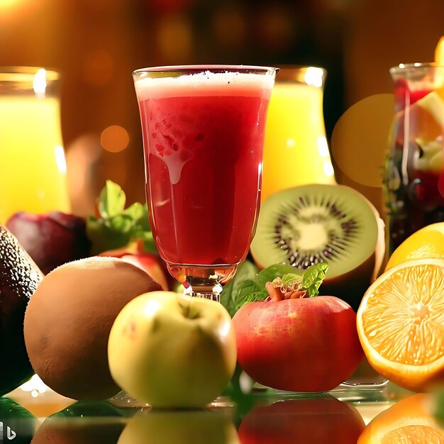 A glass of fruit sits next to a glass of juice.