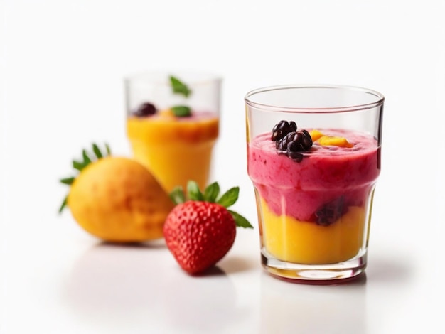 a glass of fruit next to a strawberry and a strawberry