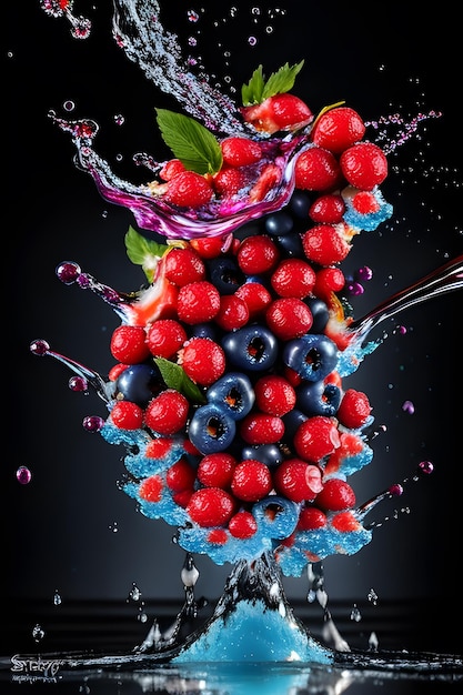 A glass of fruit with blueberries and a splash of water