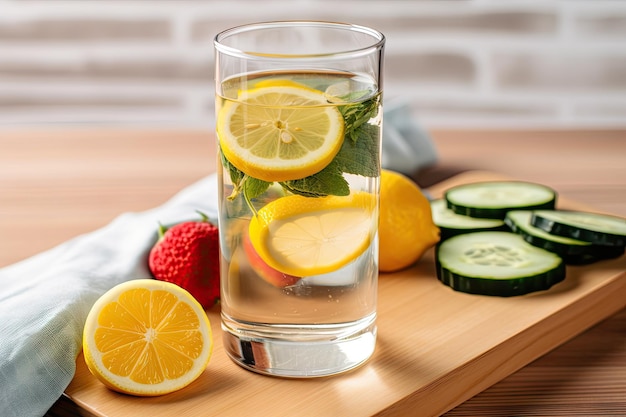 生成 AI で作成された、レモンとキュウリのスライスが入ったフルーツ入りの水のグラス