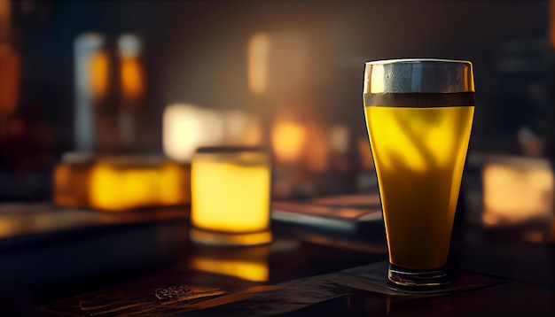 Glass full of beer with blurred pub on background Glass of fresh alcoholic beverage on blurred background