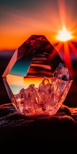 A glass gem sits on a rock with the sun setting behind it.