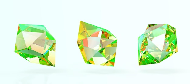 Photo glass gemstone jewel crystal or diamond 3d render icons set green sapphire emerald or alexandrite realistic royal precious gem with gradient texture rainbow abstract shapes