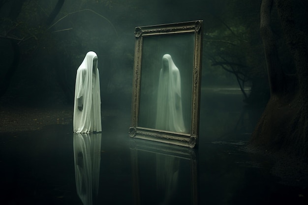 Glass ghoa 유령 같은 인물이 거울 공포 거울 앞에 서 있습니다.