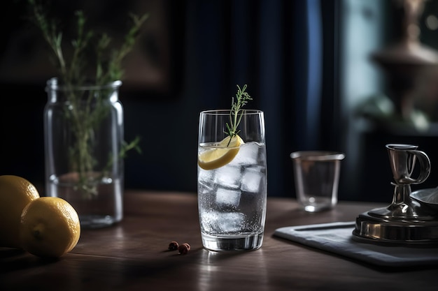 A glass of gin and tonic on a table with a lemon on the side.