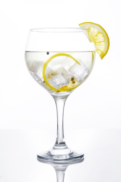 Glass of gin tonic with lemon isolated on white background