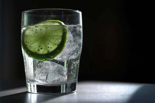 A glass of gin and tonic with a lime slice on top.