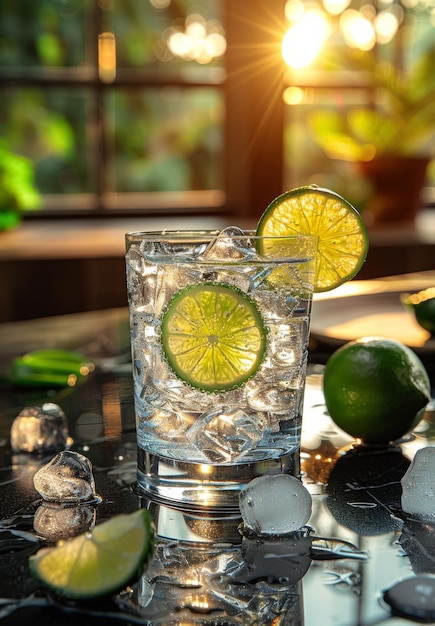 Glass of gin and tonic with lime