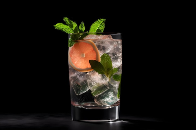 A glass of gin and tonic with mint leaves and a lime on the rim