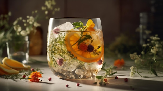 A glass of gin and tonic with oranges and flowers on a table.