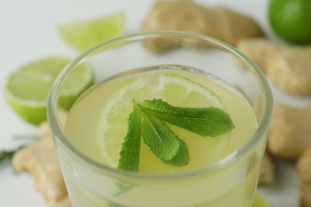 Glass of ginger beer and ingredients