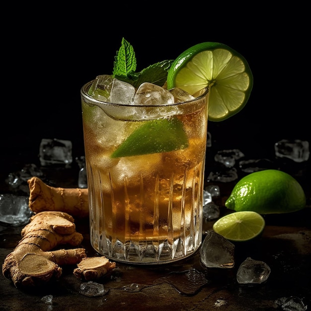 A glass of ginger beer with ice and a lime wedge on the side