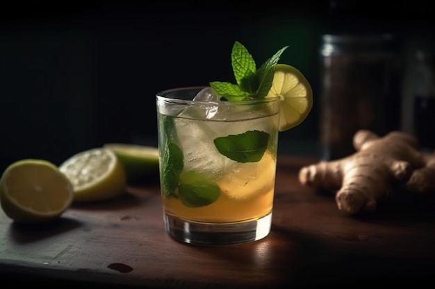 A glass of ginger mojito with a lime and mint leaves on a wooden table