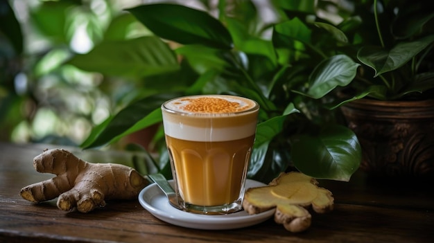 A glass of ginger tea sits on a wooden table next to a ginger root.