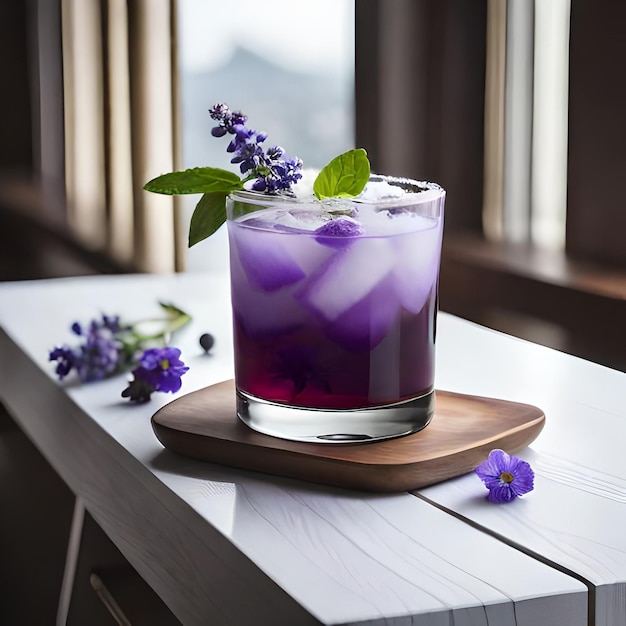 紫の花が上に置かれたテーブルの上にラベンダーの入ったジントニックのグラス