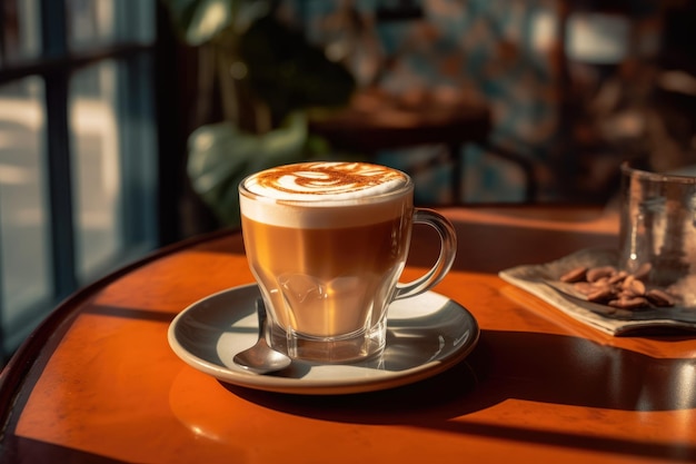 A glass glass of latte macchiato coffee on a table in a cafe AI generated