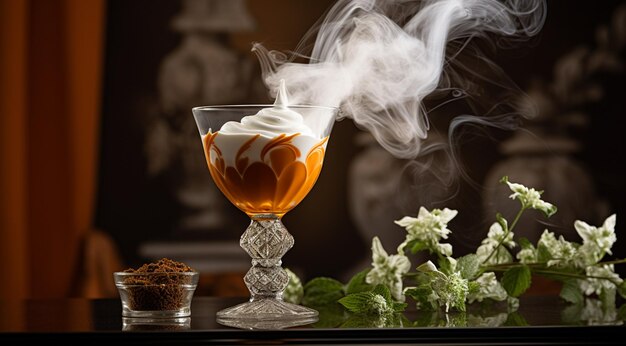 Glass glaze of oranges and cream aesthetically accompanied with mint leaves generativa ia