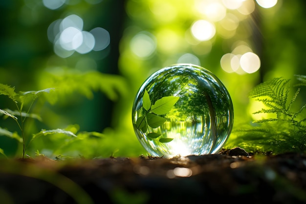 Glass globe amidst rich greenery signifying nature preservation esg and climate change awareness