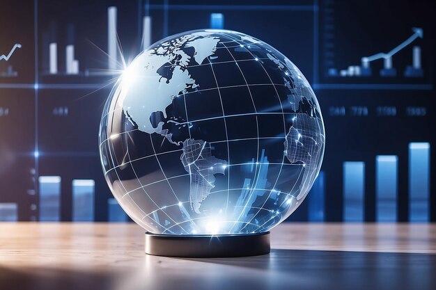 Photo glass globe ball in light rays on background of business charts