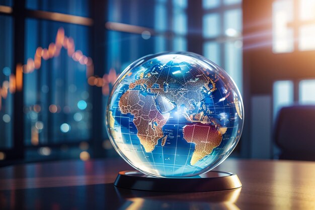 Photo glass globe ball in light rays on background of business charts