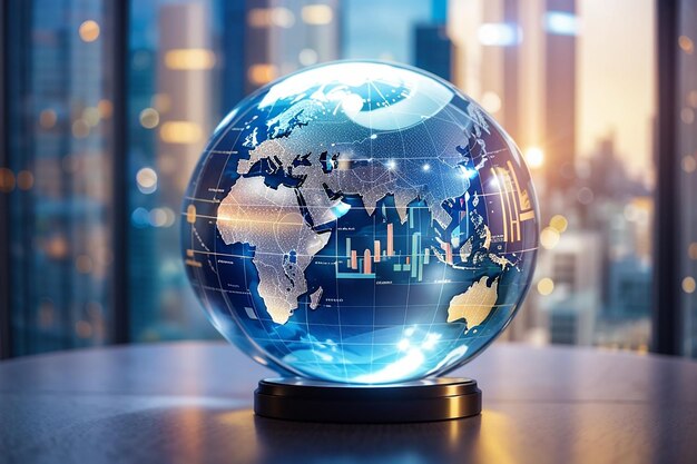 Glass globe ball in light rays on background of business charts