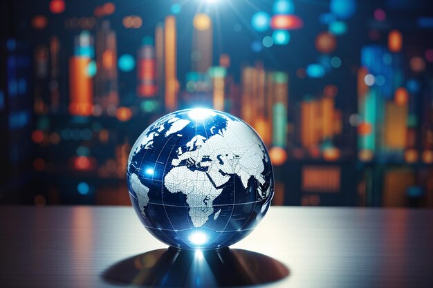 Glass globe ball in light rays on background of business charts