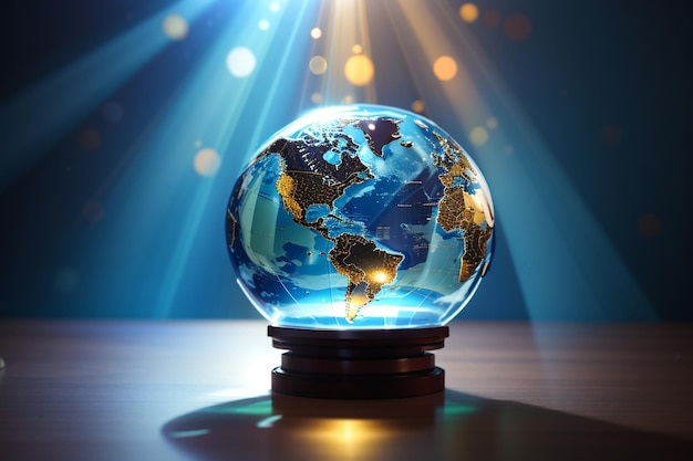 Glass globe ball in light rays on background