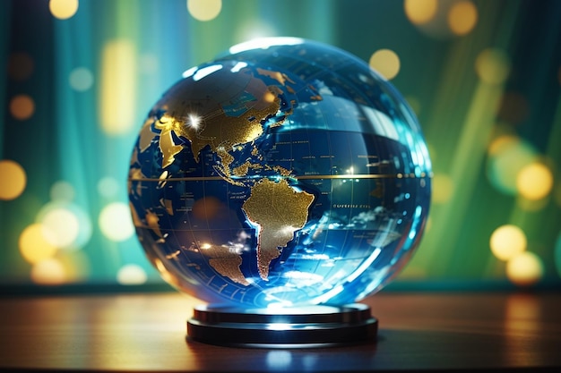 Glass globe ball in light rays on background