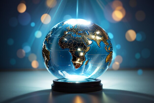 Glass globe ball in light rays on background