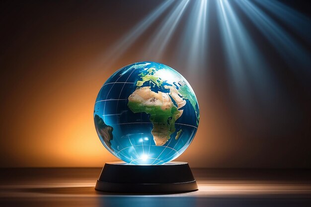 Glass globe ball in light rays happy world day on background