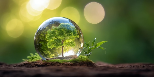 Стеклянный глобус с растущим деревом и зеленой природой размывает фон концепции эко-дня Земли
