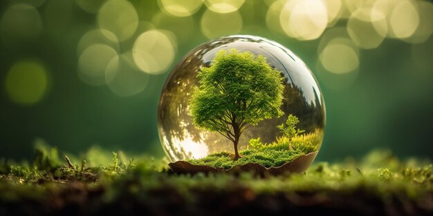 Glass globe ball with tree growing and green nature blur background eco earth day concept