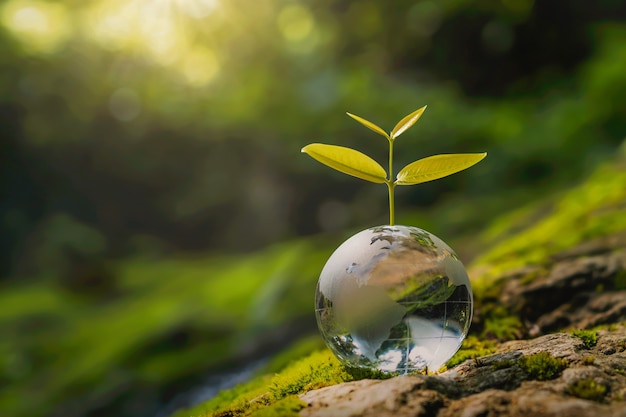 Glass globe ball with tree growing and green nature