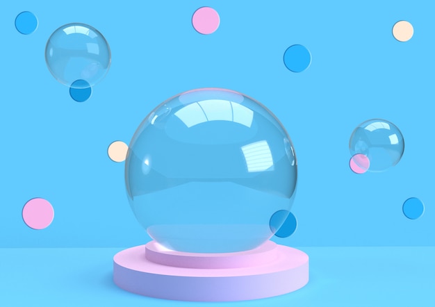 Photo glass globe balls 3d render with polka dot on blue background