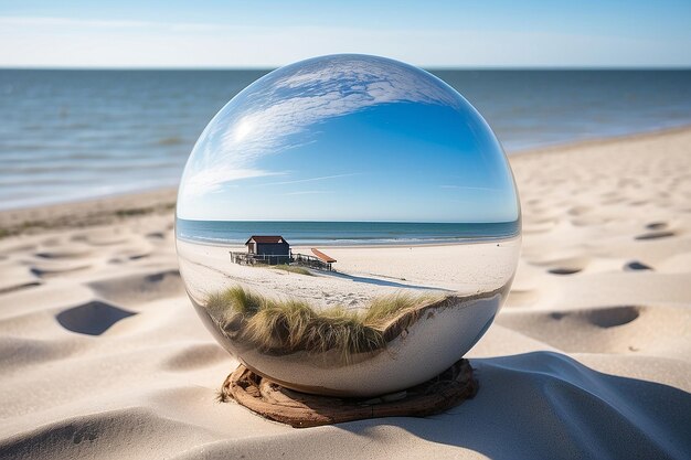Photo glass globe on the beach of the baltic sea in zingst in which the landscape is depicted