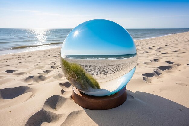 Photo glass globe on the beach of the baltic sea in zingst in which the landscape is depicted